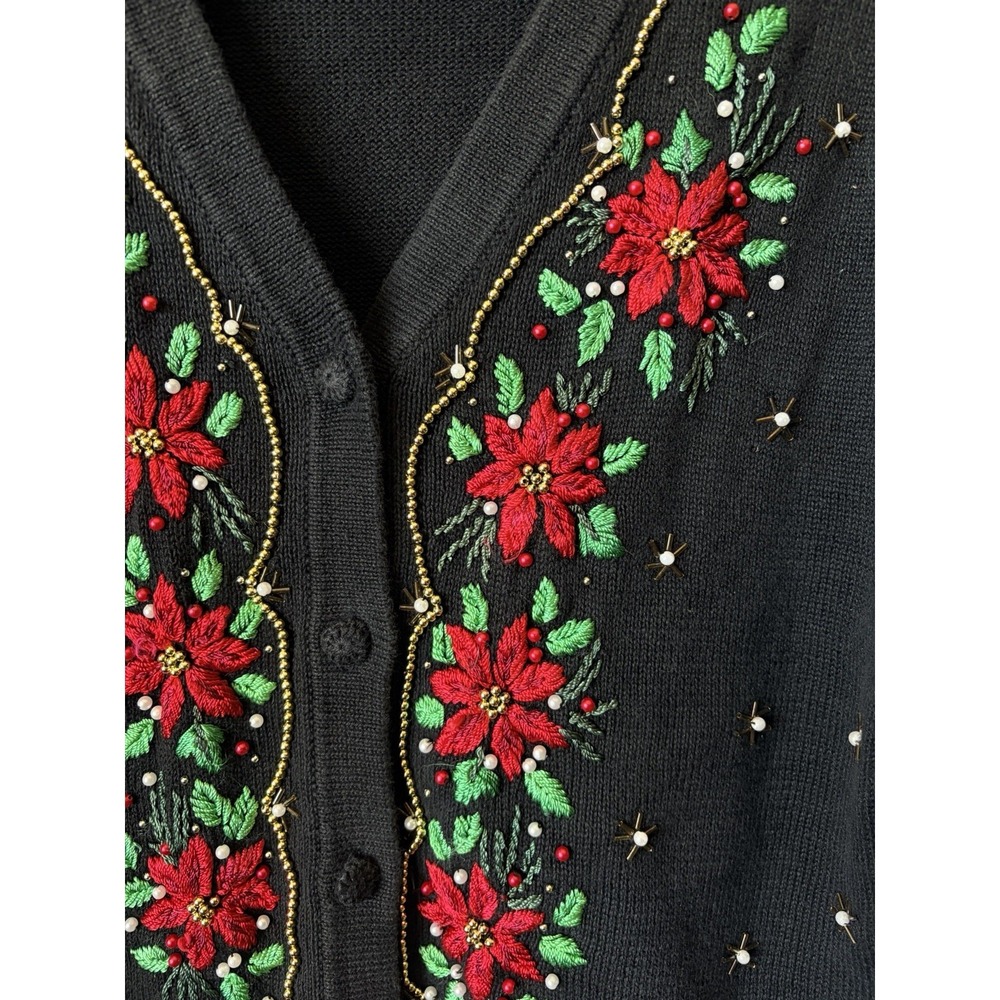 Vintage Christmas BP Designs L Black Poinsettia Holiday Cardigan Sweater beaded - Picture 3 of 5